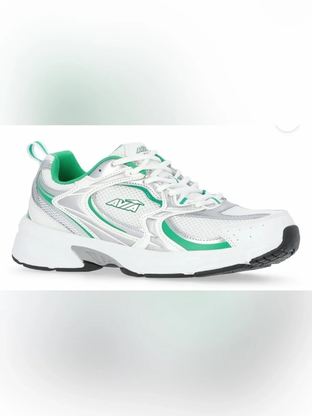 Avia Women's White and Green Athletic Sneakers with Silver Accents